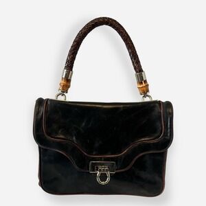 Vintage Elaine Turner Leather Shoulder Bag Black Brown Bamboo Woven Straps‎